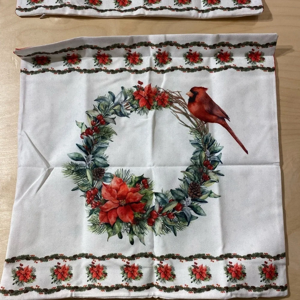 Set of 2 Festive Cardinal Wreath Holiday Pillow Covers 17” x 17” (MV)